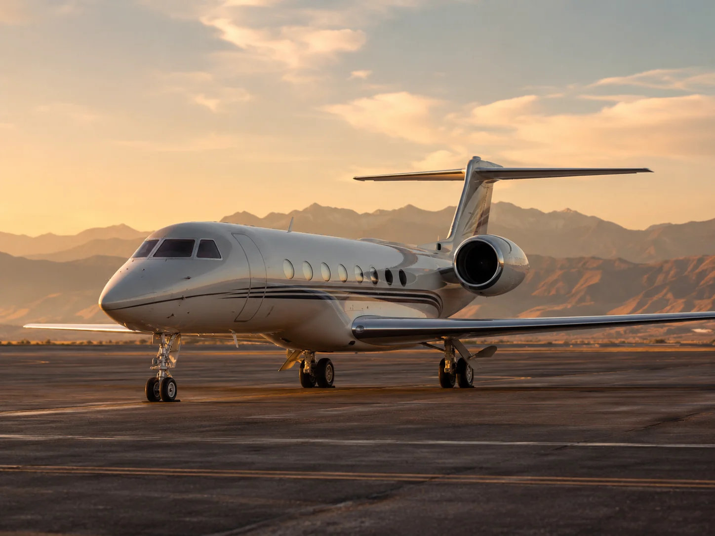 A private jet on the apron in evening light