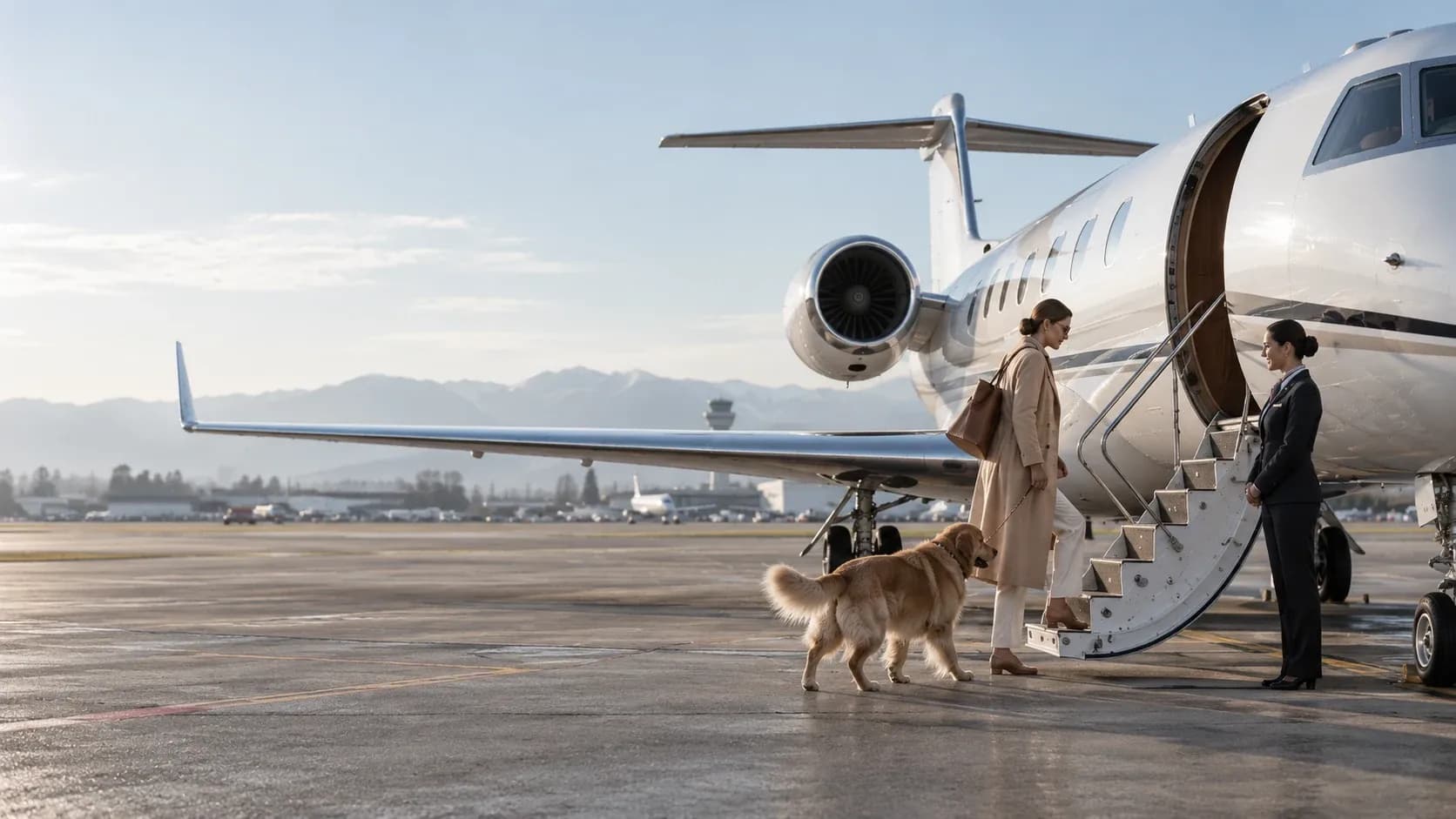 A traveller looking out of a private jet window