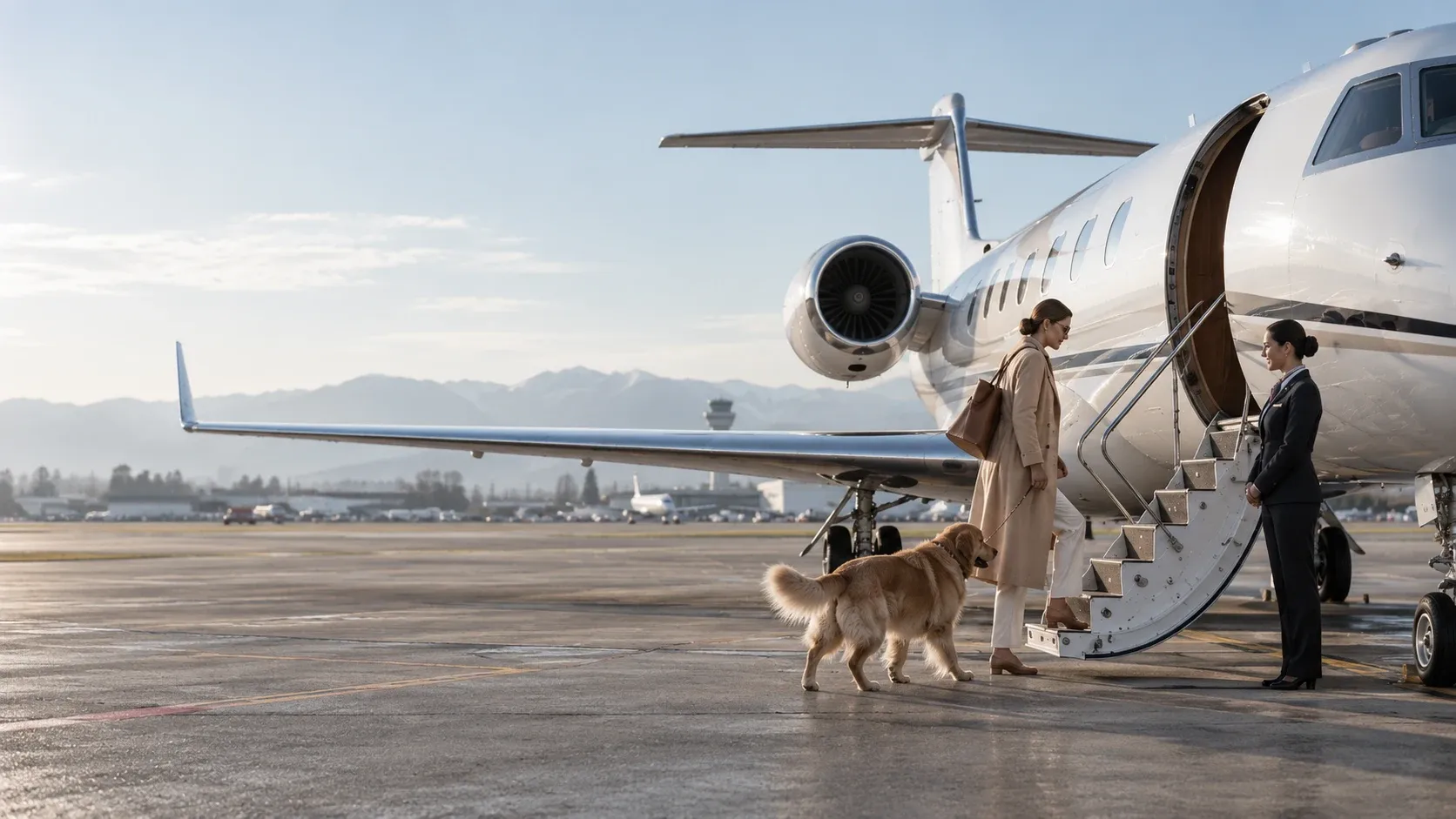 A traveller looking out of a private jet window