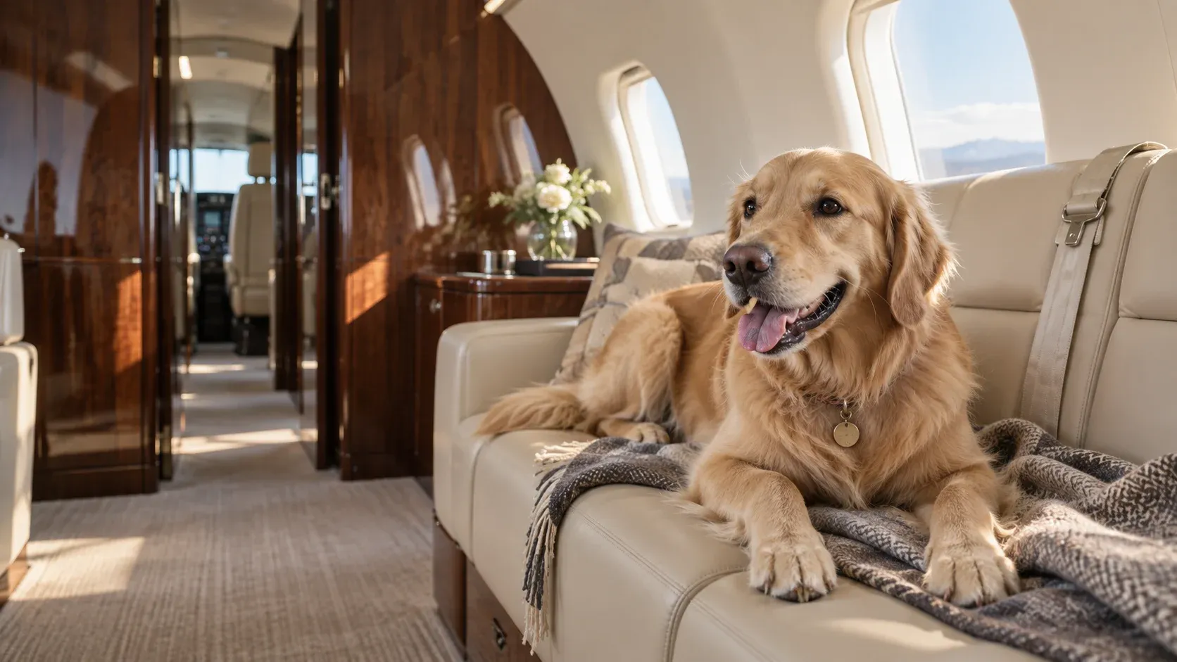 A dog resting in a private jet cabin