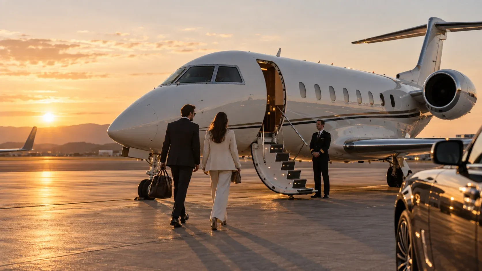 Travellers boarding a private jet in the evening light