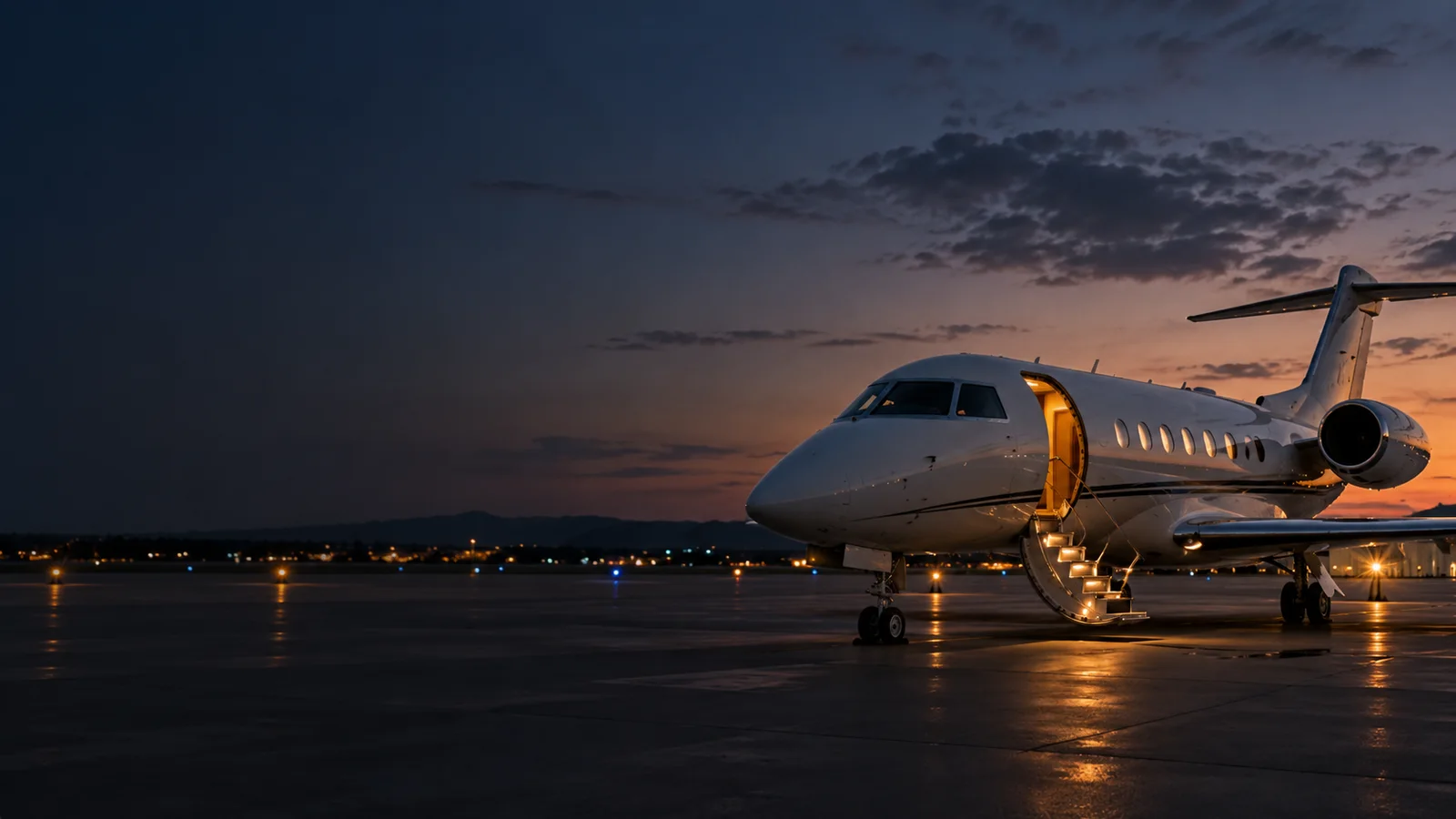 Private jet on an airport apron at dusk