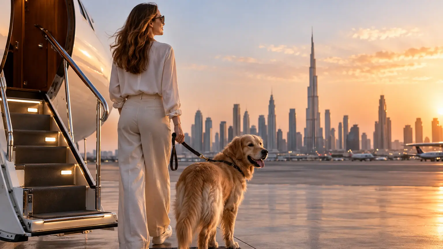 A traveller with a golden retriever beside a private jet and the Dubai skyline
