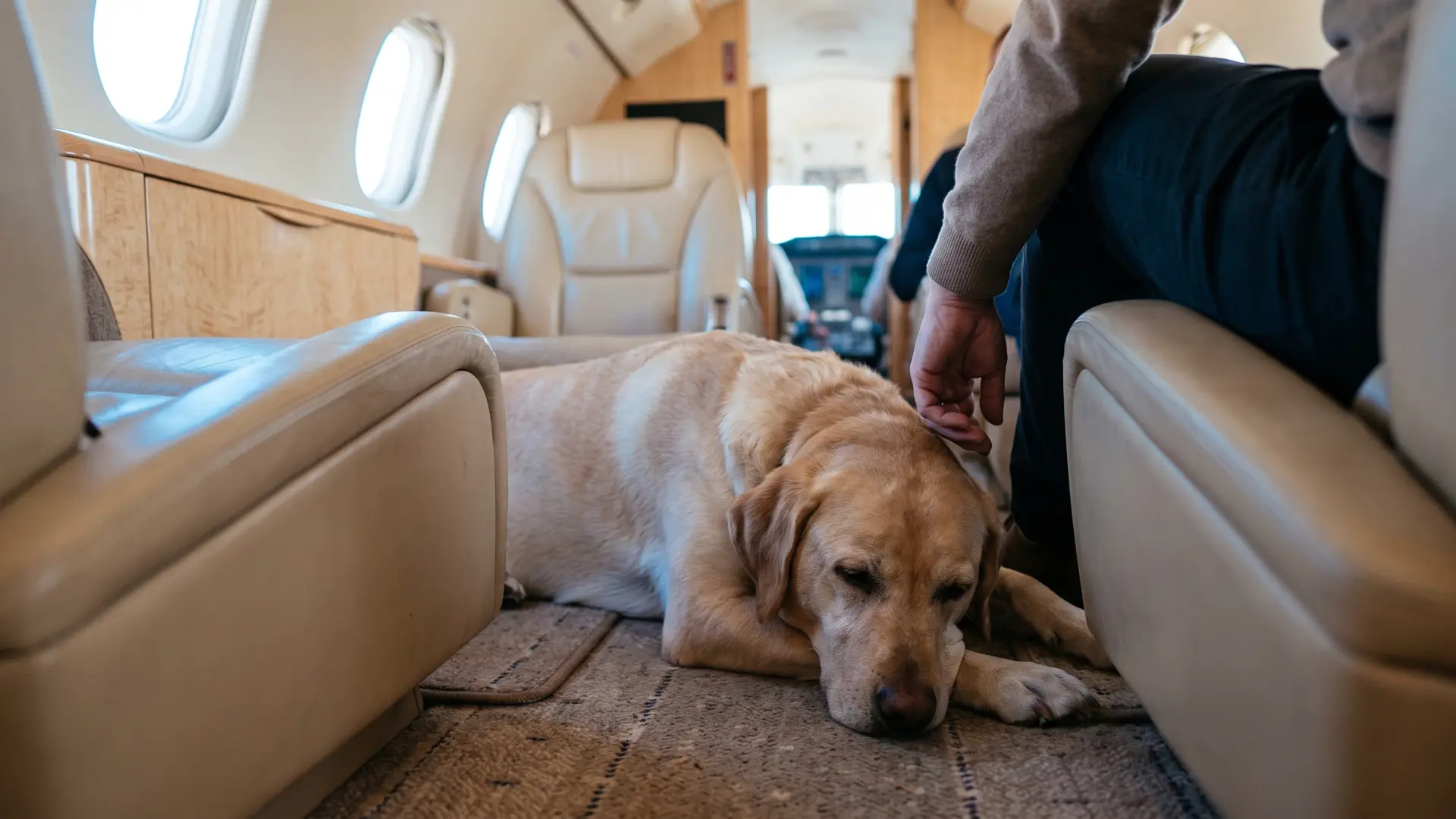 Ein großer Labrador ruht neben seinem Menschen in der Kabine eines Privatjets