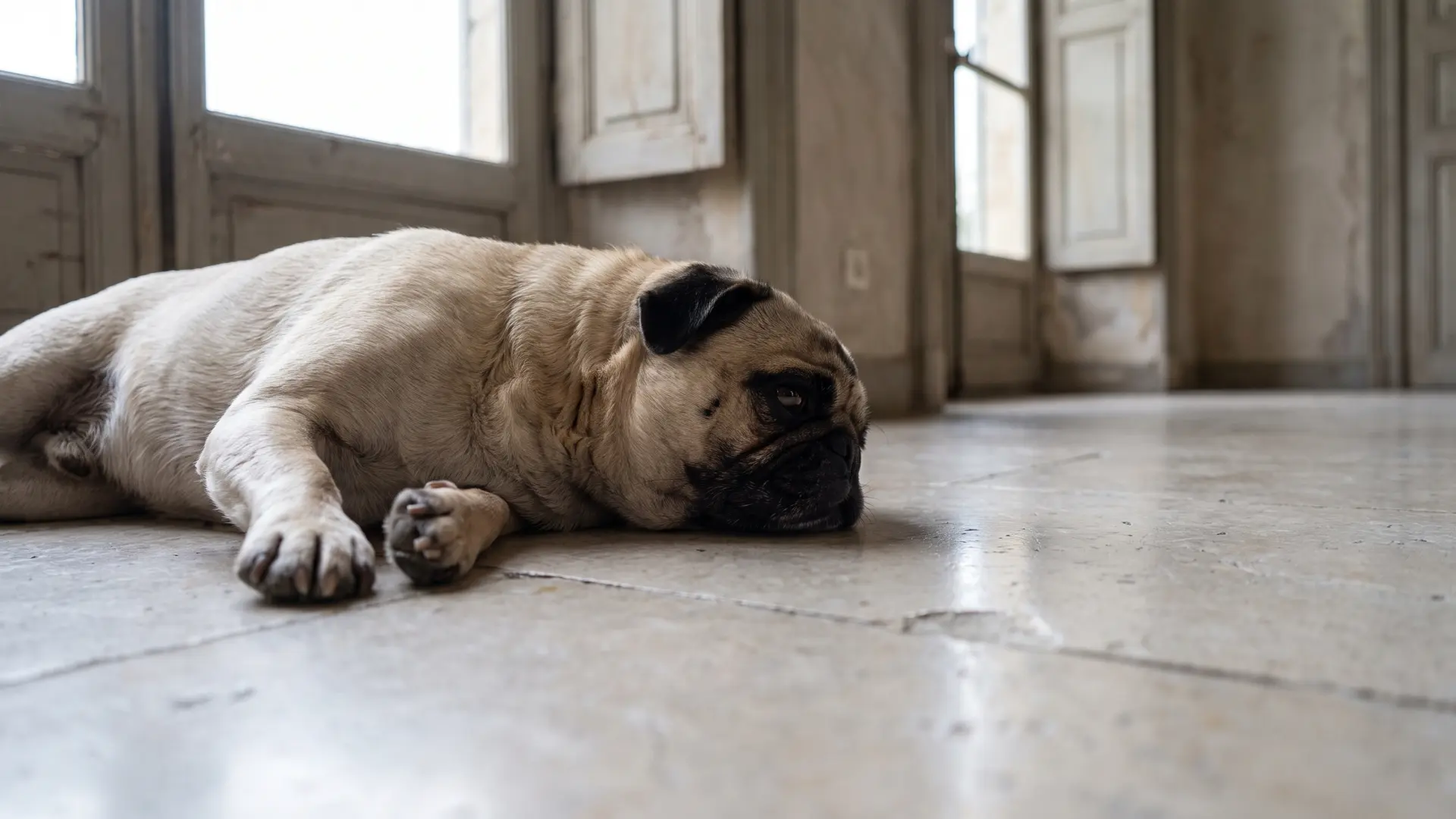 Ein Mops ruht in einem hellen Innenraum auf dem kühlen Boden