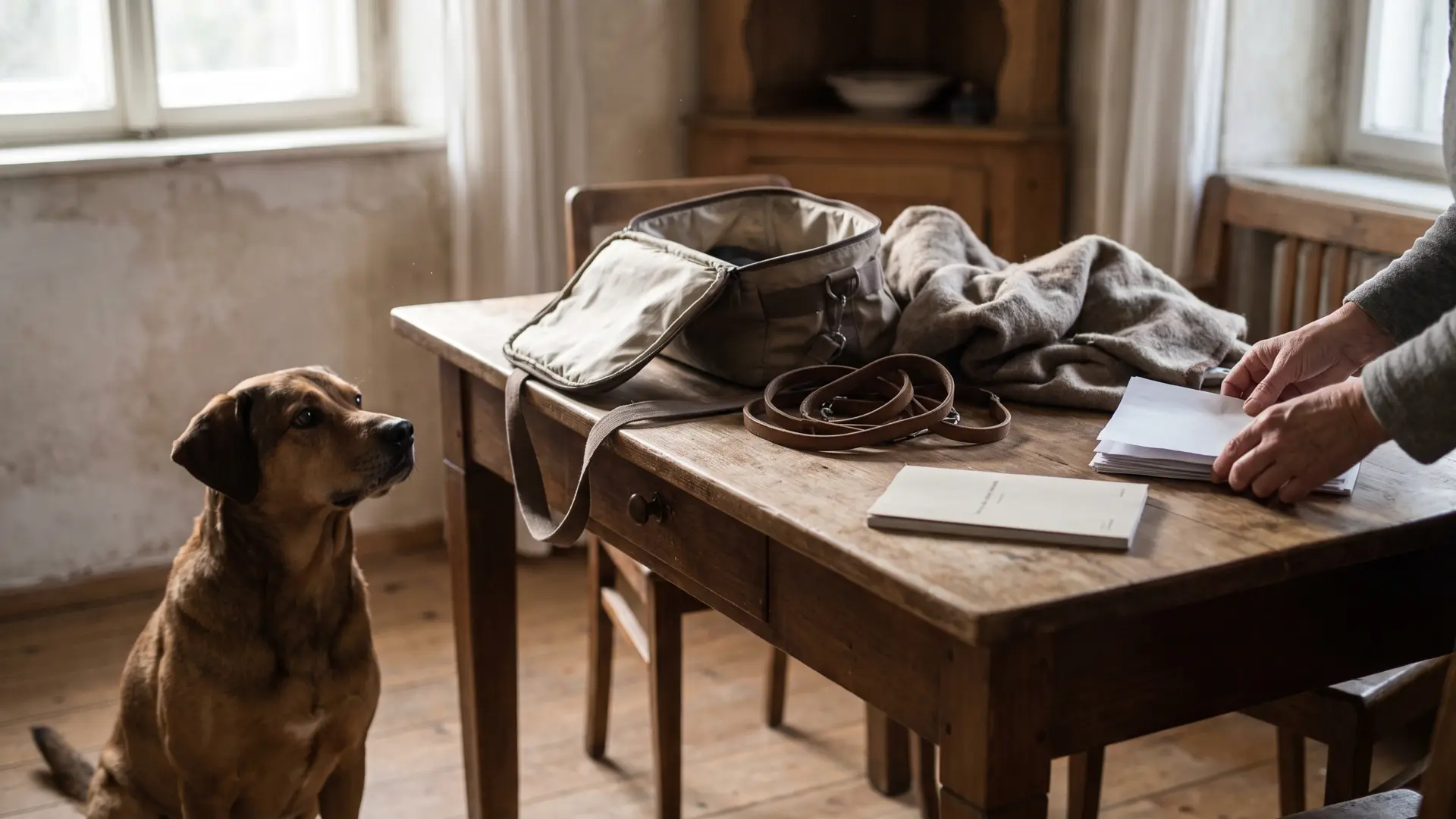 Ein Hund beobachtet, wie Reiseunterlagen neben Tasche und Leine sortiert werden