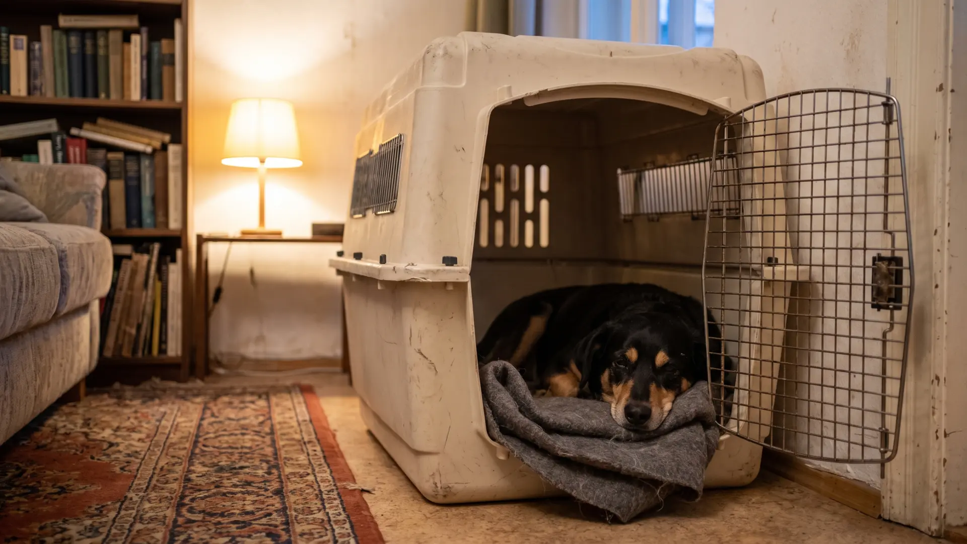 Ein Hund ruht in einer geöffneten Transportbox während der Reisevorbereitung